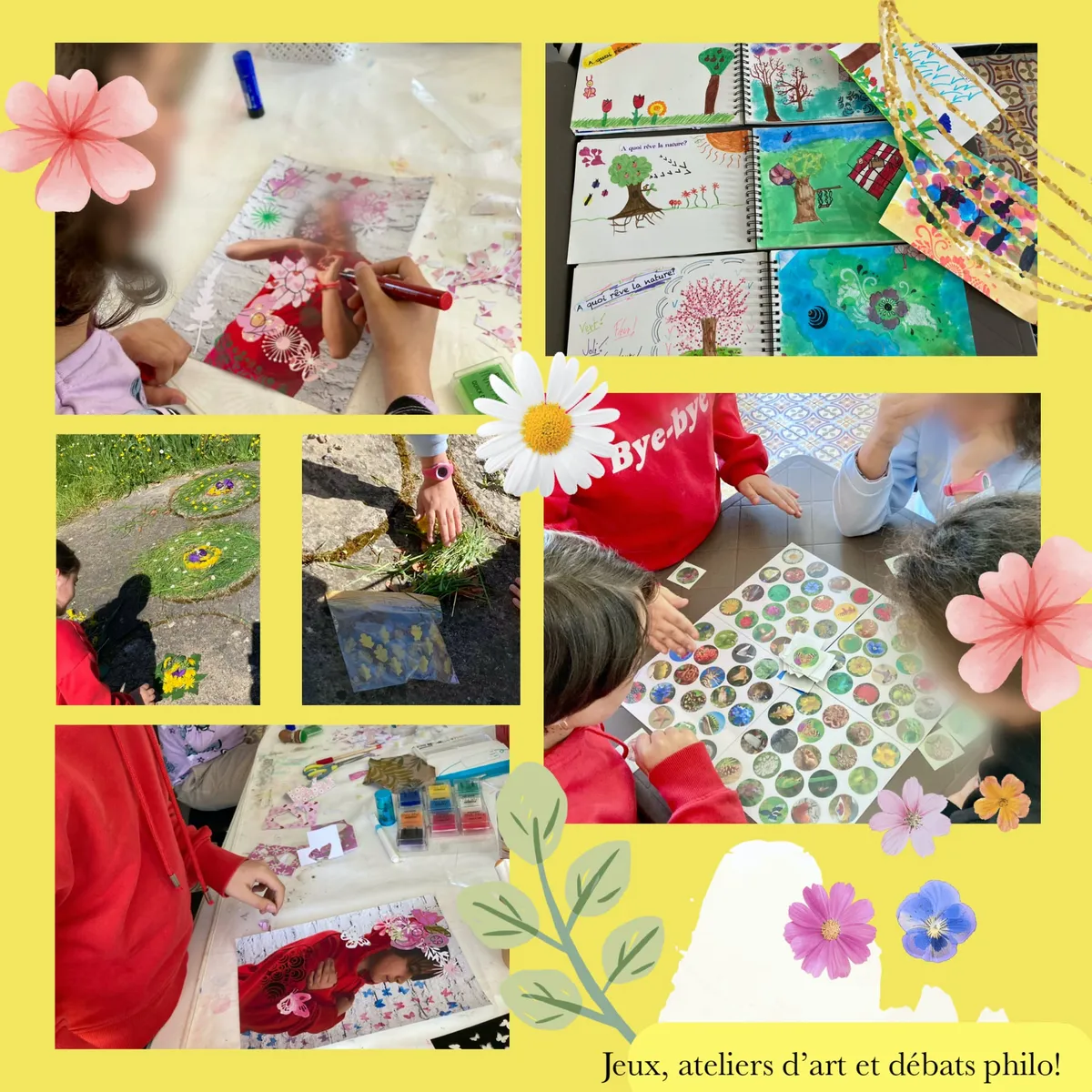 Montage de plusieurs photos montrant les productions artistiques du stage « À quoi rêve la nature ?