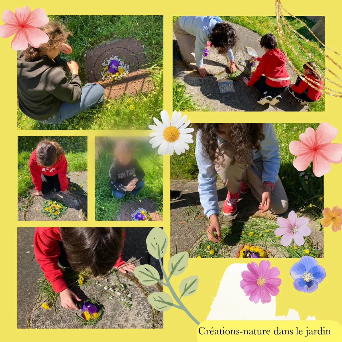 Montage de plusieurs photos montrant les enfants préparant chacun une œuvre au sol avec une fleur au centre, pendant le stage « À quoi rêve la nature ?